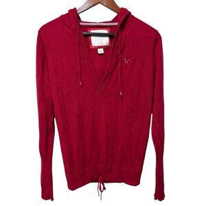 Y2K American Eagle Fitted Knit Hoodie Sweater in Bold Red